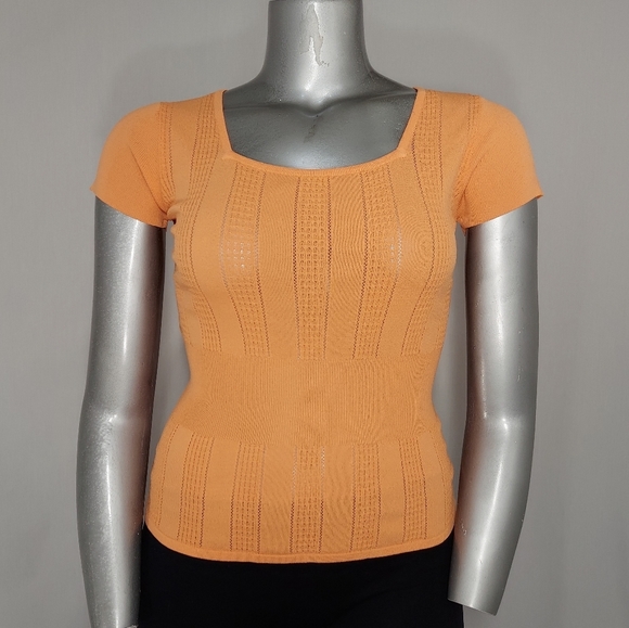 Sydney Easton Empire Knit Top Medium Square Neck Short Sleeve Orange Textured - Picture 10 of 14